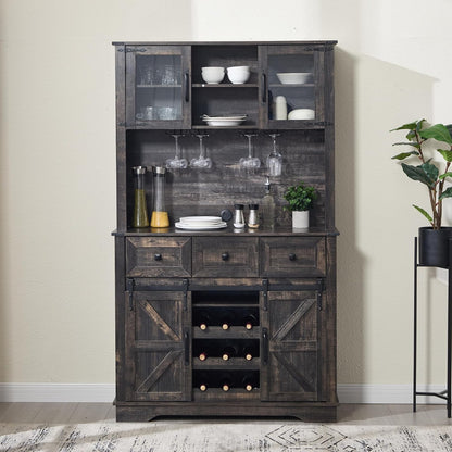 Coffee Bar Cabinet with Sliding Barn Doors 71'' Farmhouse Pantry Cabinet with Drawers & Wine Glass Rack Rustic Buffet Cabinet for Kitchen, Black