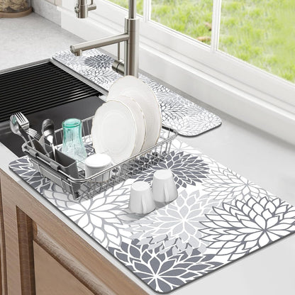 Findosom 2PCS 12" x 20" Dish Drying Mat & 24" x 5.5" Sink Splash Guard, Super Absorbent & Cuttable Dish Mat Drying Kitchen Mat with Gray Floral, Hide Stain Drying Mat for Kitchen Counter