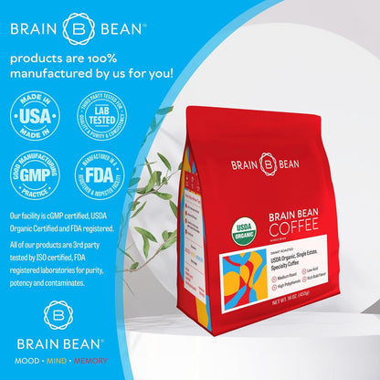 Brain Bean Organic Coffee – Smooth Taste & Rich Medium Roast – High Antioxidant & USDA certified organic for Cognitive Support, Mood Enhancement & Toxin Removal - Whole Bean Coffee – 16 oz (3-Pack)