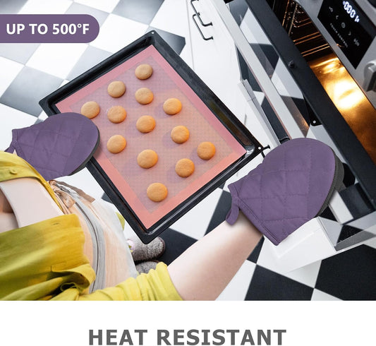 1 Pair Short Oven Mitts - Silicone Kitchen Oven Gloves High Heat Resistant 500℉, Mini Oven Mits with Non-Slip Grip Surfaces and Hanging Loop for BBQ, Baking, Cooking and Grilling (Purple)