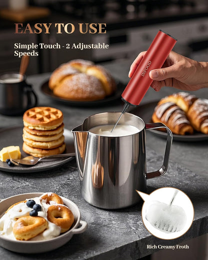 Milk Frother Rechargeable with Cover - Coffee Frother Wand, Drink Mixer Handheld with 2 Detachable Stainless Whisks 2 Speed Adjustable for Latte, Cappuccino, Hot Chocolate, Egg, Red