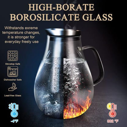 SUSTEAS 2 Liter Glass Pitcher, Water Pitcher with Removable Lid And Wide Handle, Easy Clean Juice Jug for Fridge, Beverage Carafe for Cold/Hot Water, Iced Tea, 1 Long-Handled Brush Included