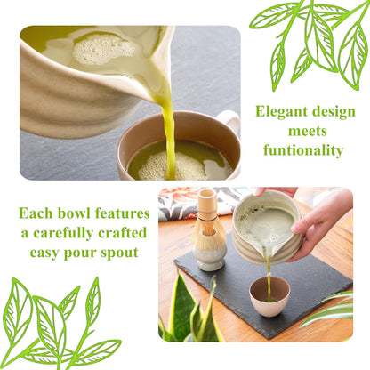 Marce Matcha Whisk Set- Matcha Set includes Matcha Whisk and Bowl (Bowl with Spout), Sifter, Holder and Scoop- The Perfect Bamboo Whisk for Matcha Tea (Molted Green)
