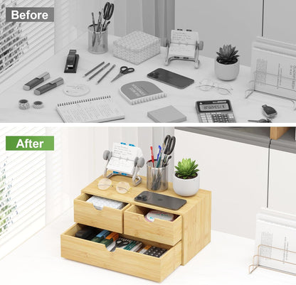 Bamboo Desk Organizer with Drawers - Small Desktop Countertop Mini Tabletop Storage Container - No Assembly Required