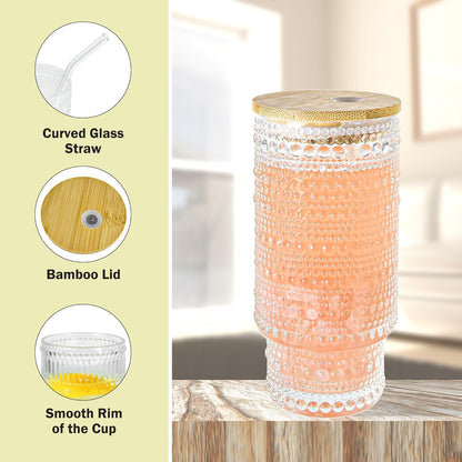 2 Pcs 11 oz Drinking Glasses Cups Set with Bamboo Lids Straws Brush Hobnail Small Drinking Glassware Set for Juice Iced Coffee Beer Cocktail Whiskey(Hobnail*2)