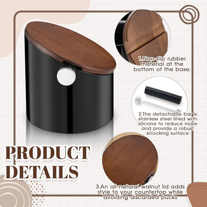 Espresso Knock Box with Walnut Lid for Coffee Grounds, Espresso Machine Accessory, Easy Disposal of Coffee Pucks, Removable Knock Bar(Black)