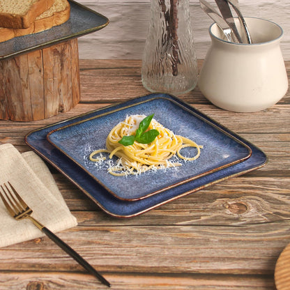 4-piece ceramic dinner plate set, suitable for steak, pasta and pizza, microwave- and dishwasher-safe, scratch-resistant, blue 9-inch square dinner plate