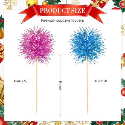 Chinco 100 Pcs Foil Firework Cupcake Toppers Sparkle Tinsel Cake Toppers Cake Decoration Cocktail Fruit Toothpick for Birthday Wedding Graduation Party(Pink, Light Blue)