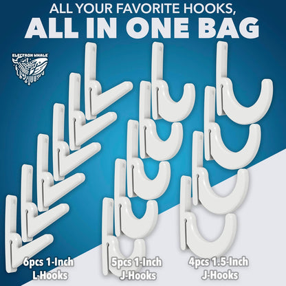 Heavy Duty Plastic L-Hooks and J-Hooks for Garage Shelving, Compatible with Keyhole Slots, UV-Resistant, 40 lbs Load Capacity (15, White L-Hook and J-Hook Assortment)