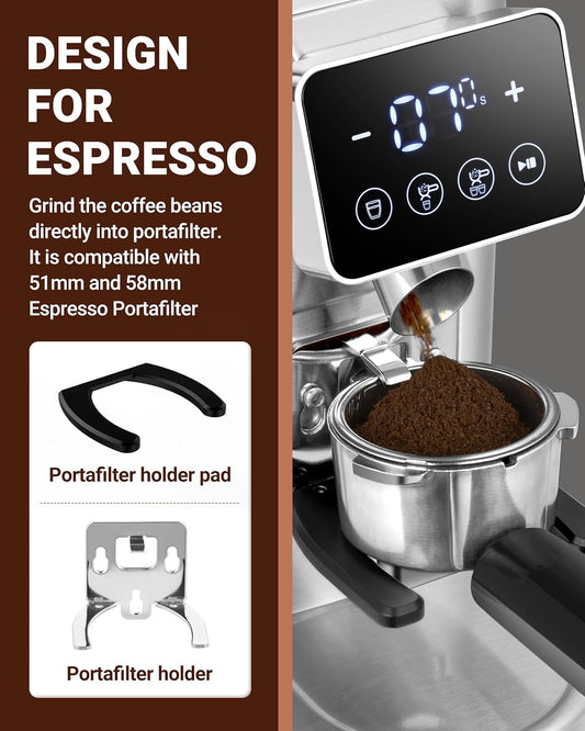 AMZCHEF Coffee Grinder, Burr Coffee Bean Grinder for Home Use with 48 Precise Grind Settings, Detachable Funnel Stand for Espresso, LED Control Panel, Anti-static Design, silver