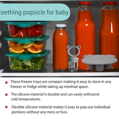 Silicone Baby Food Freezer Tray with Teething Popsicle Molds - Baby Fruit Feeder and Breastmilk Teether Combo