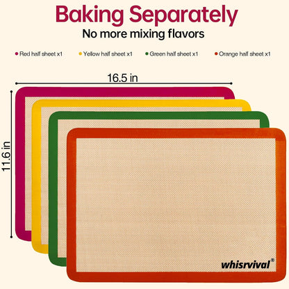 4 Pcs Half Sheet Silicone Baking Mat, Non-Stick, Food Safe Silicone Mats for Baking Cookies, Macarons, Vegetables, 480℉ Heat Resistant (Red&Yellow&Green&Orange)