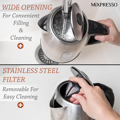 Mixpresso Stainless Steel Electric Kettle, Cordless 1.7L Electric Kettle Temperature Control,1500W Electric Tea Kettle with Viewing Window 2 Hr Keep Warm, Water Boiler with Auto-Off, Boil-Dry System