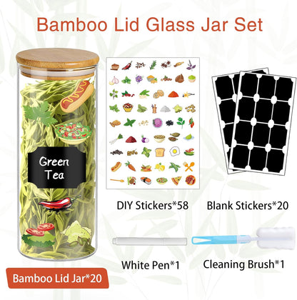 16 oz 20 pcs Glass Jars with Bamboo Lids, Stackable Clear Food Storage Jars, Airtight Kichen Glass Pantry Storage Containers with Lids for Rice, Candy, Sugar, Flour, Nuts, Cookie, Spice