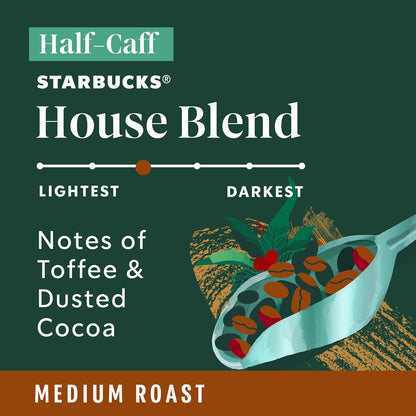 Starbucks K-Cup Coffee Pods, Medium Roast Coffee, Half-Caff House Blend For Keurig Brewers, 100% Arabica, 6 Boxes (60 Pods Total)