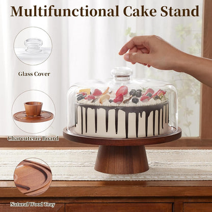 Wooden Cake Stand with Lid, Acacia Cake Stand with Glass Dome, 11-Inch Versatile Dessert Stand with Strong Magnetic Pedestal, Cake Holder for Birthday/Kitchen/Party/Charcuterie