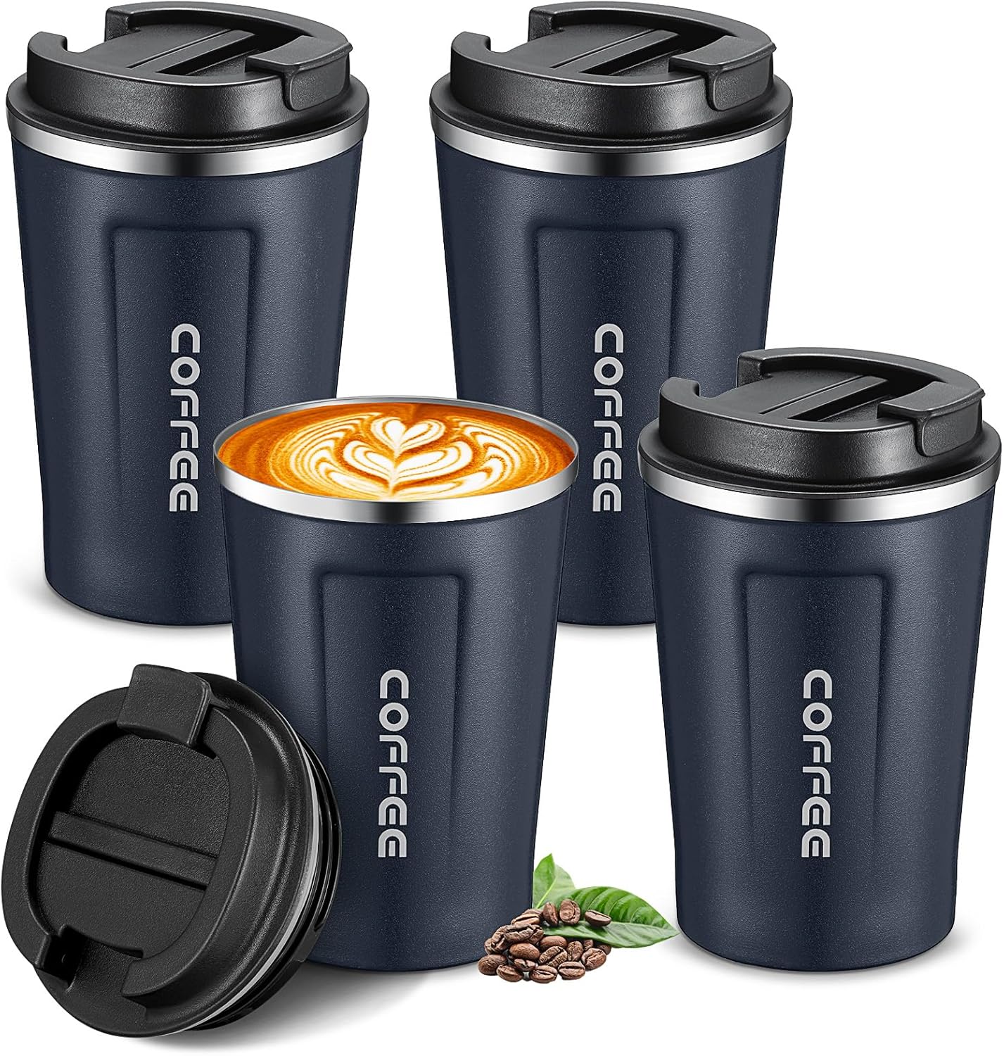 Sieral 4 Pcs 13 oz Travel Coffee Mug Insulated Reusable Coffee Cups with Leakproof Lid Stainless Steel Portable Tumbler for Keep Hot or Ice Milk Tea(Navy Blue)