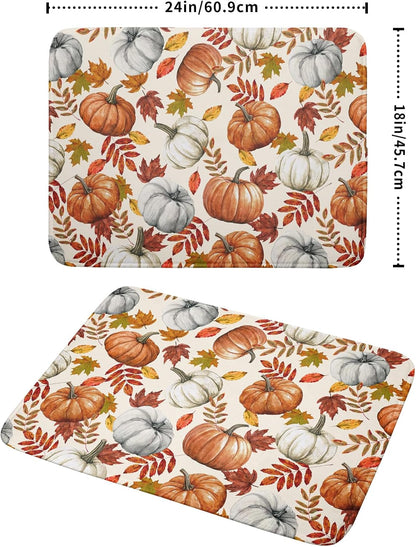 Fall Dish Drying Mat for Kitchen Counter 18x24 Inch Fall Pumpkin Kitchen Mat Thanksgiving Harvest Drying Mats Absorbent Reversible Dish Pad Autumn Maple Leaves Draining Mat for Countertop Protector