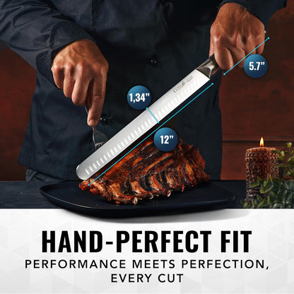 Cutluxe Slicing Carving Knife – 12" Brisket Knife, Meat Cutting and BBQ Knife – Razor Sharp German Steel, Sheath Included, Full Tang, Ergonomic Handle Design – Artisan Series