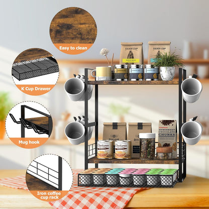 Coffee Station Organizer, 3 Tier Bar Organizer for Countertop, Mug Cup Holder Stand With 12 Hooks and 28 K Cup Storage for Kitchen, Home & Office, Rustic Brown