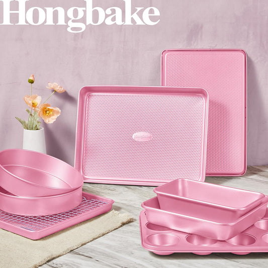 HONGBAKE 9-Piece Baking Pans Set Nonstick, Stackable Non Toxic Bakeware Sets with Diamond Texture, Oven Pan Set for Cooking, Includes Cookie Sheet with Rack, Cake Pan, Roasting Pan, Muffin Tin, Pink