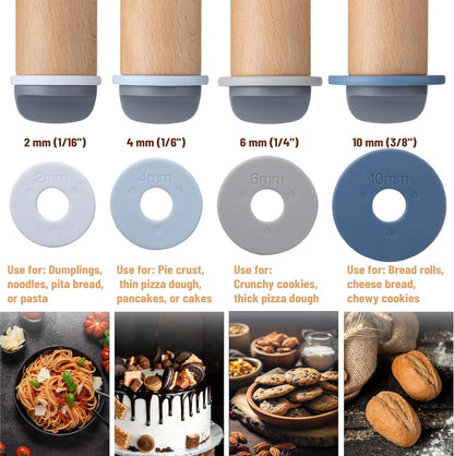 Bamboo Land- Adjustable Rolling Pin with Thickness Rings for Baking, 13.8", 4 Pastel Colored Thickness Rings (2-10 mm or 1/16"-3/8"), Wood Rolling Pins for Baking, Bread, Pizza & Cookie Doughs
