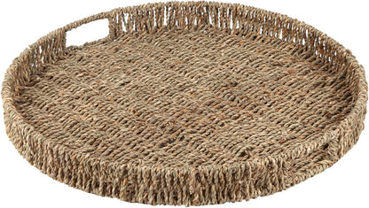 Round Ottoman Tray Large Wicker Serving Tray with Handles for Coffee Table, 20 Inch Handwoven Natural Seagrass Tray