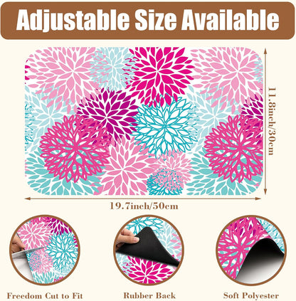Pink Blue Chrysanthemum Flowers Dish Drying Mat for Kitchen Counter Coffee Bar Mat Hide Stain Absorbent Rubber Backed Drying Rack Pad Espresso Machine Coffee Bar Accessories 11.8 x 19.7 Inch