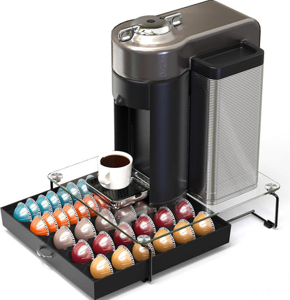 DecoBrothers Crystal Tempered Glass Vertuo Pod Holder Drawer, 30 Large or 60 Small Nespresso Capsule Organizer, Black