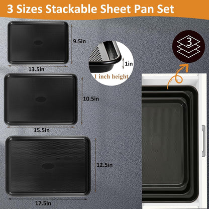 SS&CC Nonstick Baking Sheet Pan Set of 3, 0.8mm Carbon Steel Cookie Sheets for Oven - Half/Quarter/Jelly Roll Pans with Diamond Texture, PFOA-Free & Oven Safe (17.5x12, 15.5x10.2, 13.5x9.5 Inch)