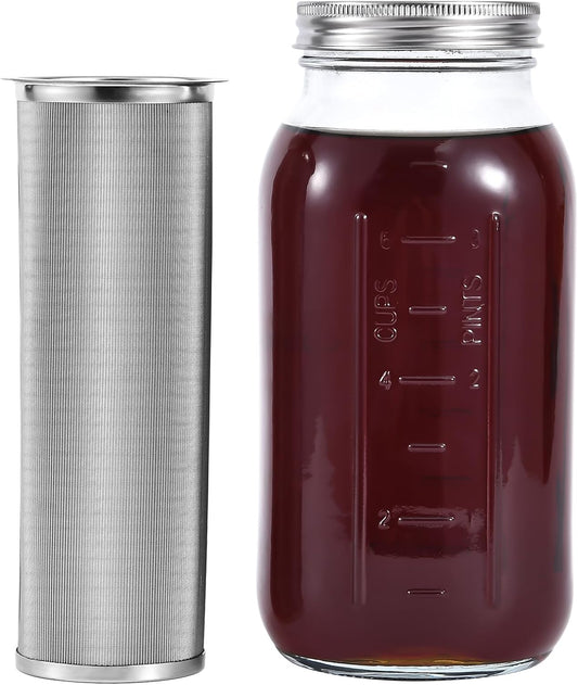 UPTRUST Durable Glass Cold Brew Mason Jar Iced Coffee Maker, 64 oz (2 Quart), Heavy Duty Stainless Steel Filter for Iced Brew Coffee, Lemonade, Ice Tea, Homemade Fruit Drinks Container
