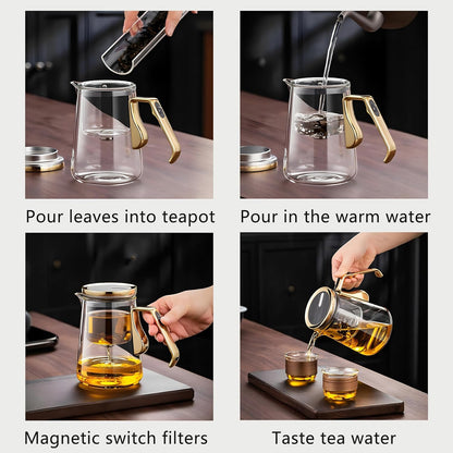 YJX 25.4oz Magnetic Glass Teapot Set with 40.6oz Cast Iron Tea Kettle for Stovetop, Small Enchanted Brewing Tea Pot, Witchcraft Magic Borosilicate Tea Set with Strainer for Loose Leaf