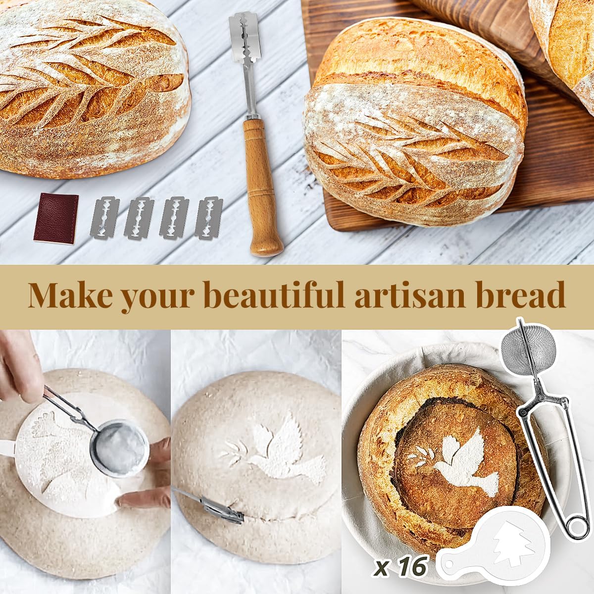Banneton Bread Proofing Basket Sourdough Bread Baking Supplies, Sourdough Starter Kit with 9" Round & 10" Oval Banneton Baskets, Bread Lame, Sling, Spatula, Scraper, Dough Whisk