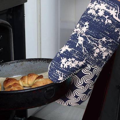 Thumb Oven Mitts, Heat and Slip Resistant Silicone Kitchen Mittens 2-Pack Set, Birds Flower Soft Long Oven Gloves, Flexible Thick Potholders for Safe Baking Cooking and Grilling (Navy)