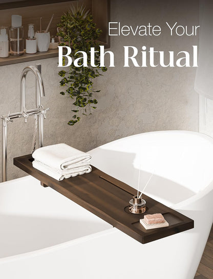 Tinamo Acacia Bathtub Tray Caddy with Adjustable Legs - Bath Tub Tray for Freestanding Tubs - 39x9.75 Inch Large Wooden Anti-Tipping Tub Tray for Bathtub with Accessories Holders (Walnut, 39x9.75)