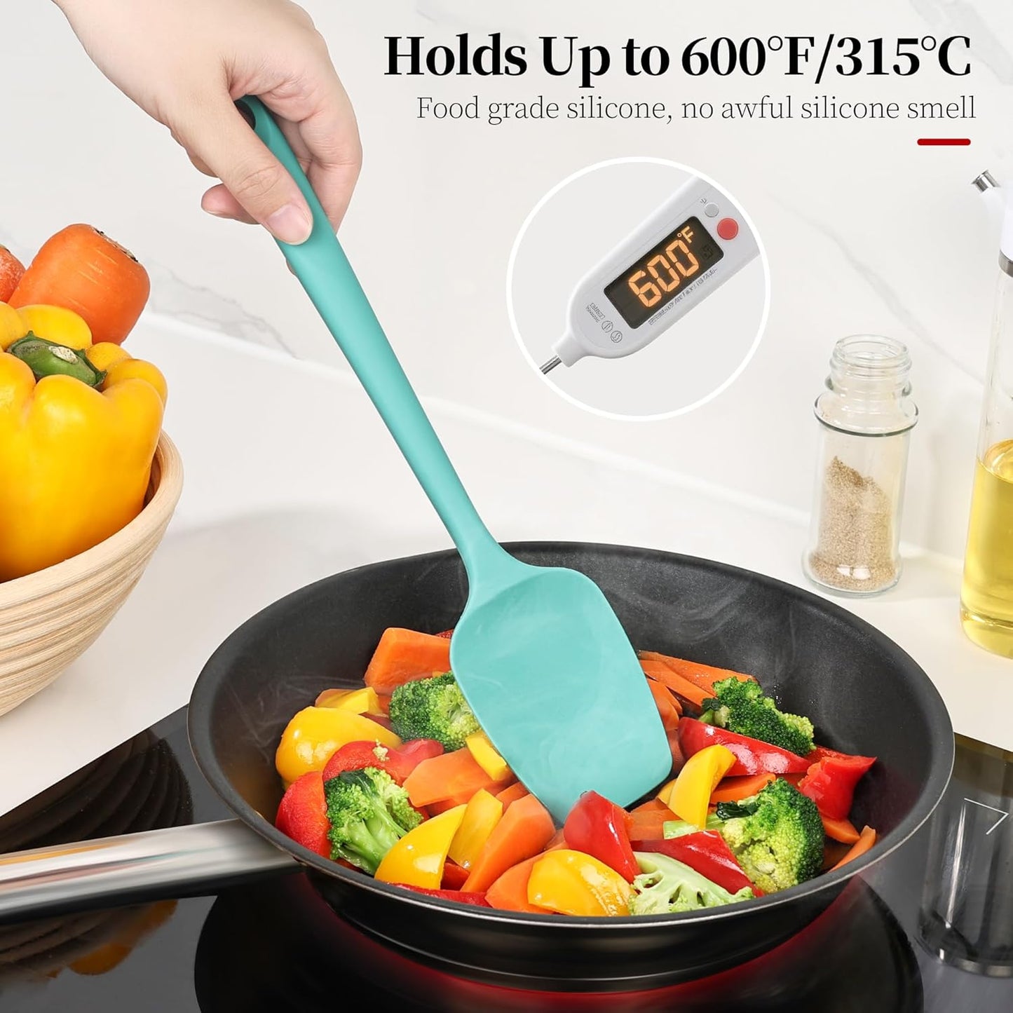 600ºF Heat Resistant Spatulas, High Heat Food Safe Semless Kitchen Silicone Spoon Spoonula Scraper Set for Cooking Baking Mixing Scraping Stirring Nonstick Cookware Pan Bowl (3Pcs,Turquoise)