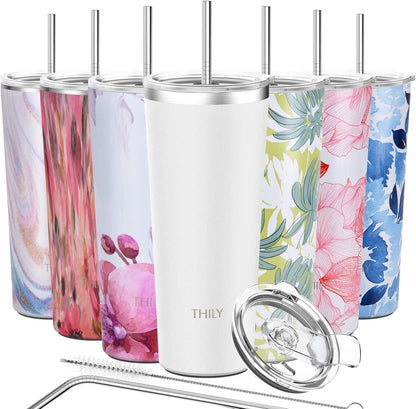 THILY Vacuum Insulated Tumbler Stainless Steel 26 oz Coffee Cup with 2 Lids and Straws, Powder Coated Travel Mug, Keeps Ice Drinks Cold, White