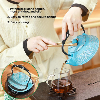 Cast Iron Teapot, Japanese Tea Pot with Infuser for Loose Leaf, Tea Kettle Stovetop Safe Coated with Enameled Interior, Clouds Pattern 27oz, 800ml Sky-Blue