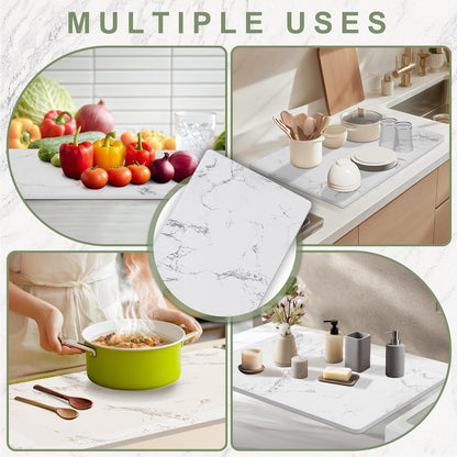 Large Stone Drying Mat for Kitchen Counter, 24" × 16" Diatomite Dish Drying Mat, Quick Dry Stone Mats, Ultra Absorbent Natural Diatomaceous Earth Mats for Dished, Bottles, White Marble