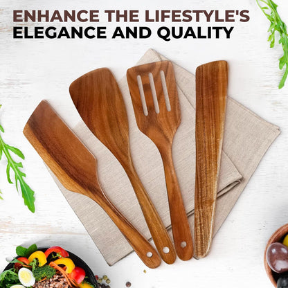 AIUHI Wooden Spatula for Cooking, Premium Teak Wood Cooking Utensils, NonStick Kitchen Utensils Set of 4 Contain Paddle, Turner Spatula, Slotted Spatula and Wood Scraper