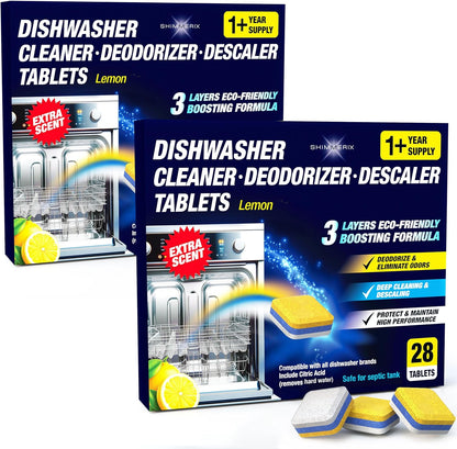 Dishwasher Cleaner Deodorizer Descaler Tablets - 56 Tabs - 1 Plus Year Supply - Extra Scented Deep Cleaning Sanitizer Pods - Remove Hard Water - Contain Citric Acid Heavy Duty Septic Safe - Lemon