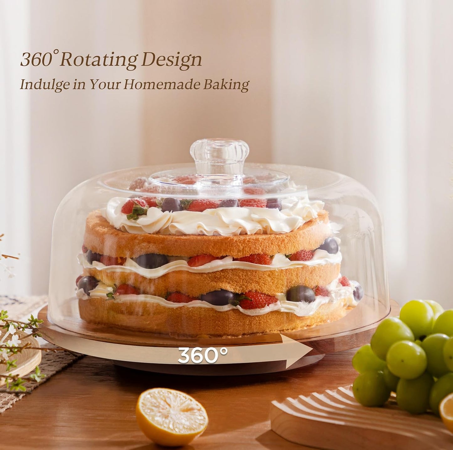 HBlife Cake Stand with Lid (11.4"), Rotating Cake Stand with Acrylic Dome, Acacia Wood Cake Plate Display with Cover for Baking Gifts, Birthday Kitchen Parties, Weddings