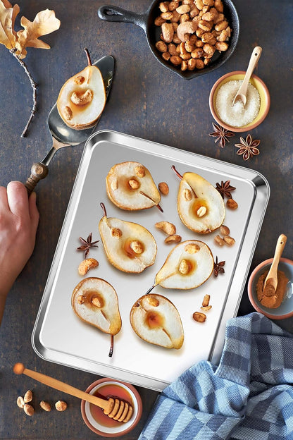 P&P CHEF 12.5 Inch Baking Cookie Sheet, Oven Pan Tray Stainless Steel Sheet Pan for Kitchen, Oven Bakeware for Multi Uses, Shiny Look & Dishwasher Safe, Healthy & Heavy Duty, 4Pcs