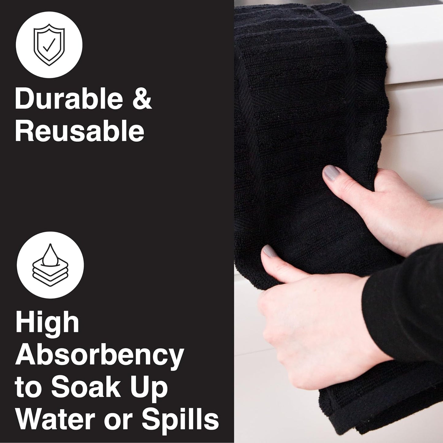 All-Clad Solid Kitchen Towels: Highly Absorbent, Super Soft Long Lasting - 100% Cotton, 17"x30" Tea Towels for Cleaning & Drying Dishes, Pans, Glassware, or Countertops, (2-Pack), Black