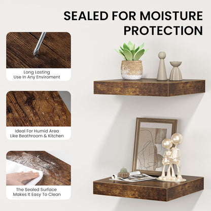 Square Floating Shelves for Wall, 12"W x 12"D x 1.2"H, Small Wooden Wall Mounted Display Shelf with Invisible Brackets for Living Room, Bedroom, Bathroom, Kitchen Decor, Set of 3, Rustic Brown