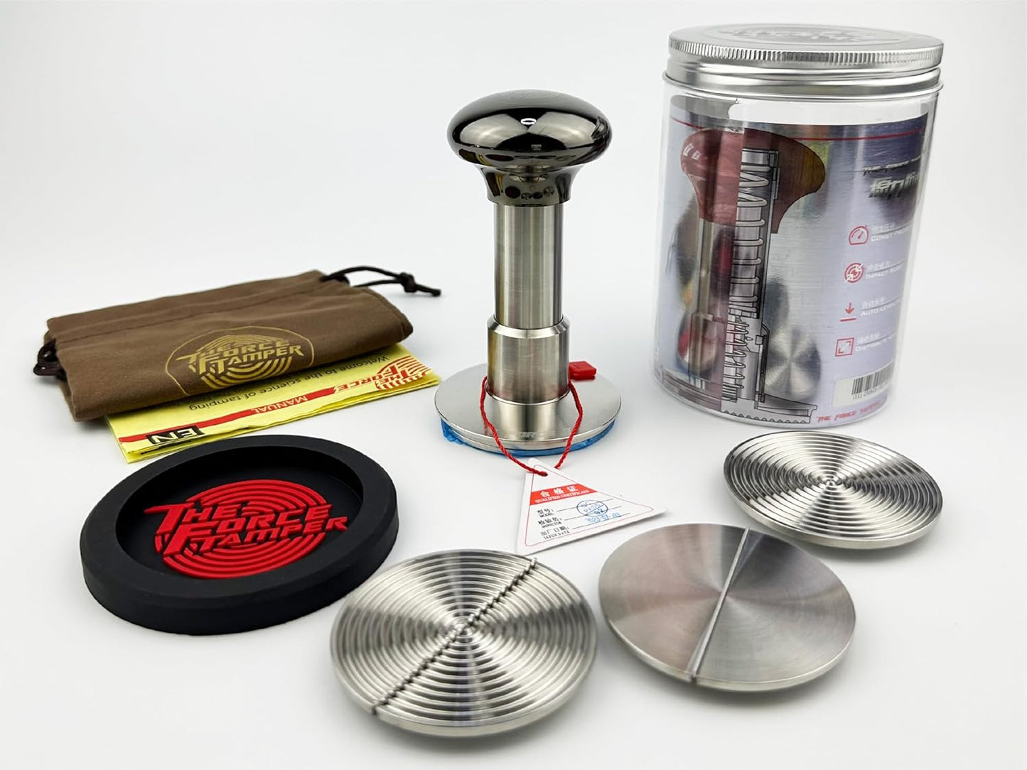 The Force Tamper Automatic Impact Coffee Tamper Adjustable Const Pressure and Autoleveling Duo-Distribute Set New (Jelly-Black Mirror AL, 53.00mm)