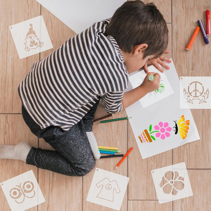 Fainne 100 Pcs Stencils for Painting on Wood Reusable Stencil Crafts Drawing Templates Holiday Wall Paper for DIY Scrapbook Home 2 x 2 Inch (Groovy Party)