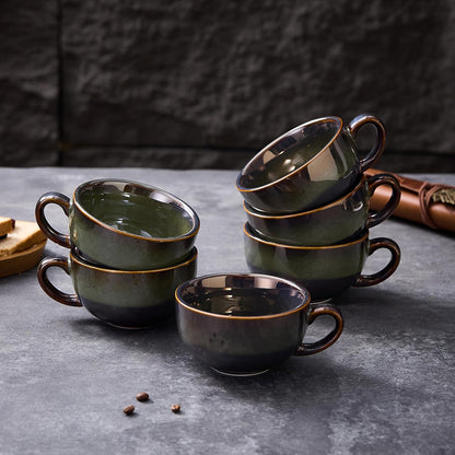 Set of 6 Vintage Design 12 oz Professional Barista Ceramic Latte Art Cappuccino Cups Set (Sea Grey * 6)