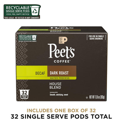 Peet's Coffee, Dark Roast Decaf Single Serve Coffee Pods - Decaf House Blend 32 Count (1 Box of 32 Pods)