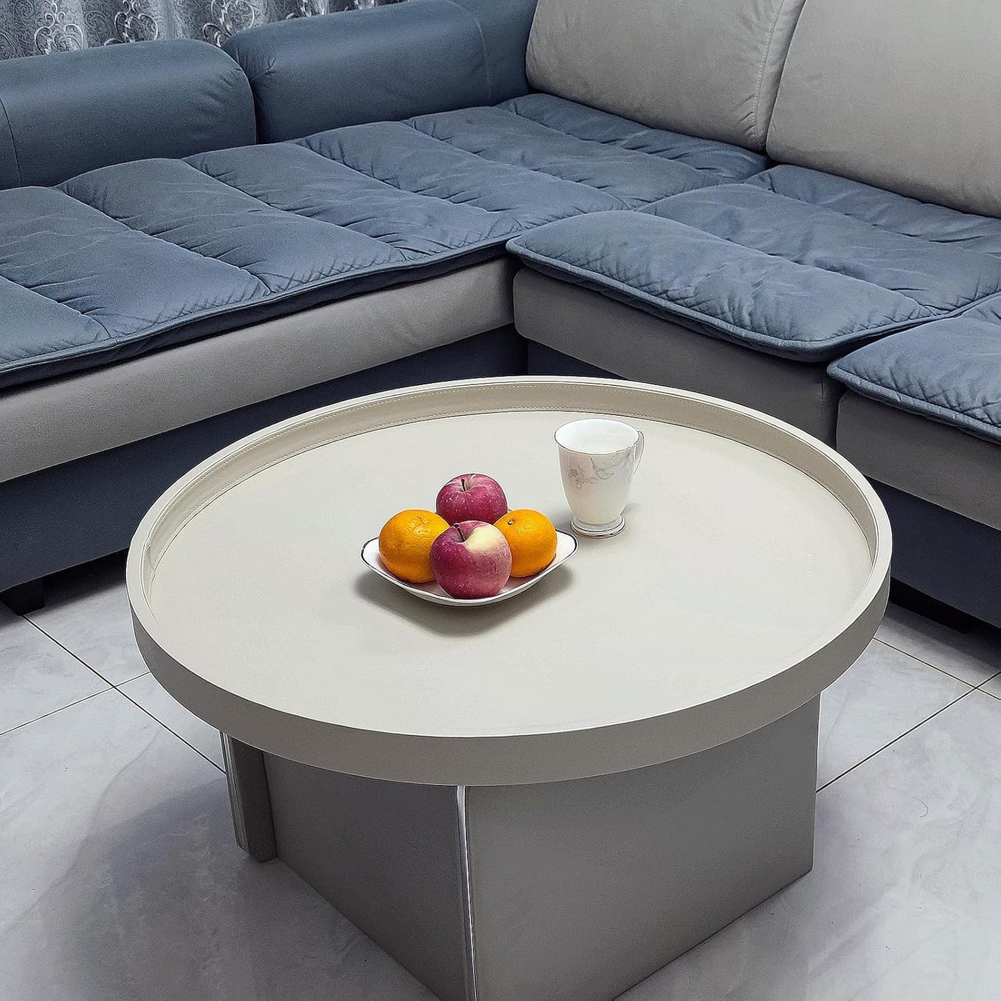 25 * 25 inches high-end Light Luxury Leather Round Oversized Service Tray, Ottoman Tray，Coffee Tray, Food Tray, Family Dinner, Out-of-House Picnic, Party Essential Tray (25 inch Beige)